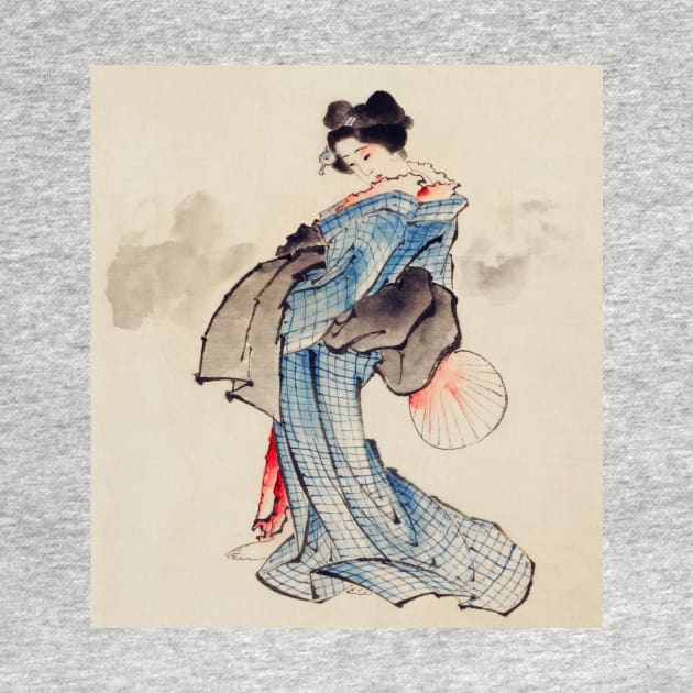 Woman, Full-Length Portrait, Standing, Facing Left, Holding Fan in Right Hand, Wearing Kimono with Check Design by Katsushika Hokusai (1760-1849) by Garkbit's